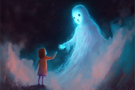 A giant ghost emerged from another dimension and reached out to the child, digital art style, illustration painting, fantasy concept of a child with ghostの素材