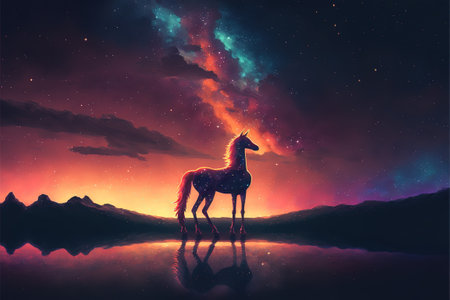 The magic horse standing alone against the colorful night sky, digital art style, illustration painting, fantasy concept of a magic fantastic horseの素材