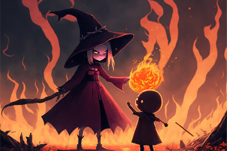Little witch summons a giant to wake up, digital art style, illustration painting, fantasy concept of a little witch casting a spellの素材