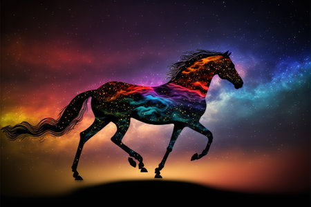 The magic horse standing alone against the colorful night sky, digital art style, illustration painting, fantasy concept of a magic fantastic horseの素材