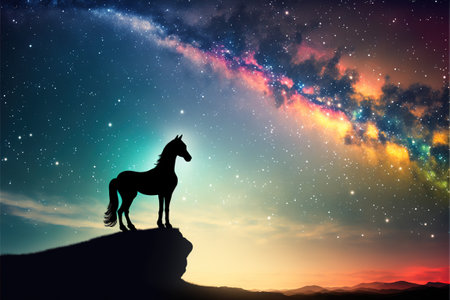 The magic horse standing alone against the colorful night sky, digital art style, illustration painting, fantasy concept of a magic fantastic horseの素材