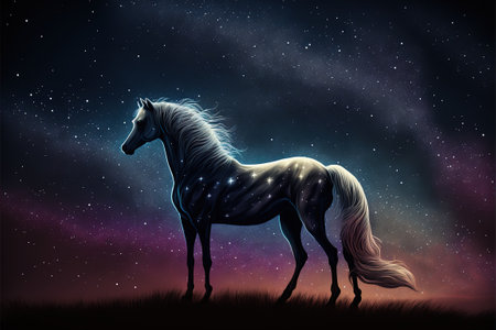 The magic horse standing alone against the colorful night sky, digital art style, illustration painting, fantasy concept of a magic fantastic horseの素材