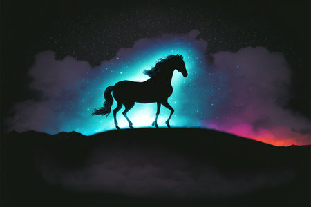 The magic horse standing alone against the colorful night sky, digital art style, illustration painting, fantasy concept of a magic fantastic horseの素材