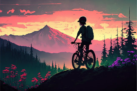 kid on bicycle on a mountain looking at the evening scenery, digital art style, illustration painting, fantasy concept of a kid on a bicycleの素材