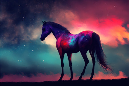 The magic horse standing alone against the colorful night sky, digital art style, illustration painting, fantasy concept of a magic fantastic horseの素材
