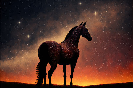 The magic horse standing alone against the colorful night sky, digital art style, illustration painting, fantasy concept of a magic fantastic horseの素材