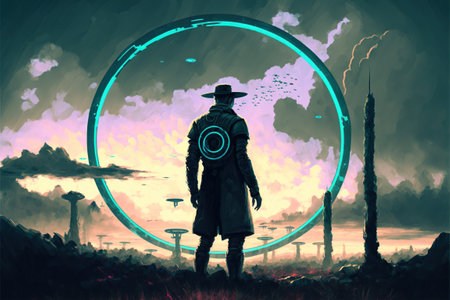 Sci-fi scene showing futuristic man standing in a field looking at the planet with giant rings, digital art style, illustration painting, fantasy concept of a sci-fi man in a fieldの素材