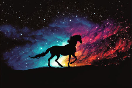 The magic horse standing alone against the colorful night sky, digital art style, illustration painting, fantasy concept of a magic fantastic horseの素材