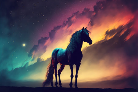The magic horse standing alone against the colorful night sky, digital art style, illustration painting, fantasy concept of a magic fantastic horseの素材