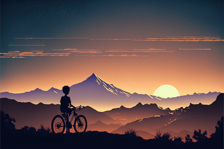 kid on bicycle on a mountain looking at the evening scenery, digital art style, illustration painting, fantasy concept of a kid on a bicycleの素材