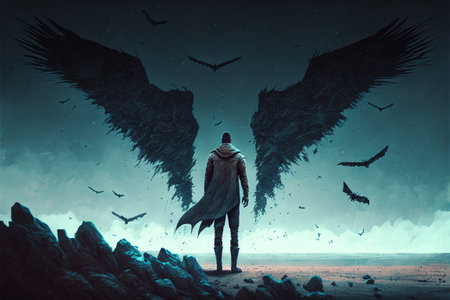 The man standing and looking at the split cliff amongst strange flying creatures, digital art style, illustration painting, fantasy concept of a man looking at the flying creaturesの素材