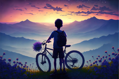 kid on bicycle on a mountain looking at the evening scenery, digital art style, illustration painting, fantasy concept of a kid on a bicycleの素材