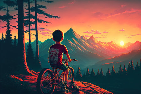 kid on bicycle on a mountain looking at the evening scenery, digital art style, illustration painting, fantasy concept of a kid on a bicycleの素材