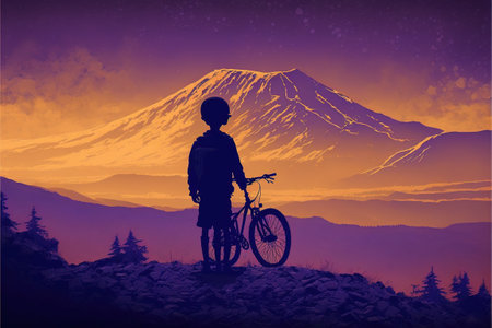 kid on bicycle on a mountain looking at the evening scenery, digital art style, illustration painting, fantasy concept of a kid on a bicycleの素材