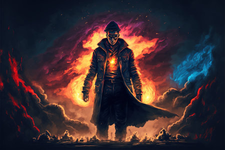 mysterious man in a trench coat with a monster arm standing against the burning night, digital art style, illustration painting, fantasy concept of a man near the monsterの素材