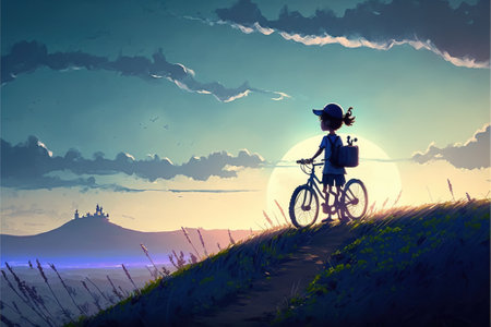 kid on bicycle on a mountain looking at the evening scenery, digital art style, illustration painting, fantasy concept of a kid on a bicycleの素材