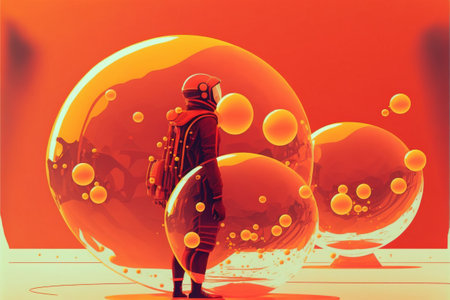 spaceman looking at the huge spheres floating in the air, digital art style, illustration painting, fantasy concept of a spaceman looking at the skyの素材