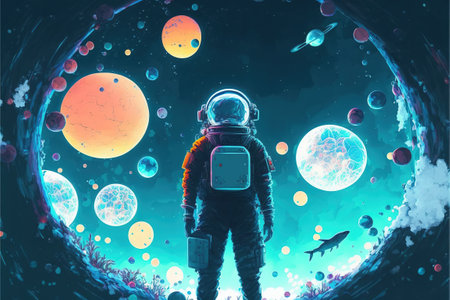 spaceman looking at the huge spheres floating in the air, digital art style, illustration painting, fantasy concept of a spaceman looking at the skyの素材