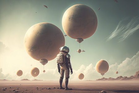 spaceman looking at the huge spheres floating in the air, digital art style, illustration painting, fantasy concept of a spaceman looking at the skyの素材