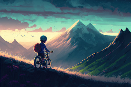 kid on bicycle on a mountain looking at the evening scenery, digital art style, illustration painting, fantasy concept of a kid on a bicycleの素材