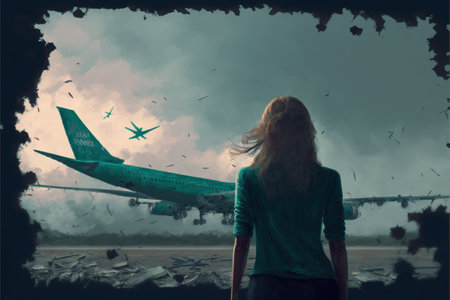 travel girl looking at a surreal broken plane in the sky, digital art style, illustration painting, fantasy concept of a traveler girlの素材