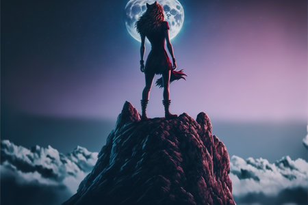 woman on the wolf standing on top of a mountain against the night sky, digital art style, illustration painting, fantasy concept of a woman with the wolfの素材
