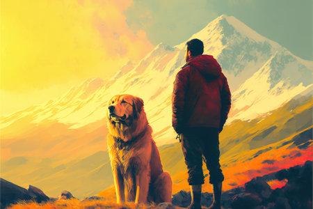 traveler and dog standing and looking at the colorful light in the valley, digital art style, illustration painting, fantasy concept of a traveler with his animal dog pet friendの素材