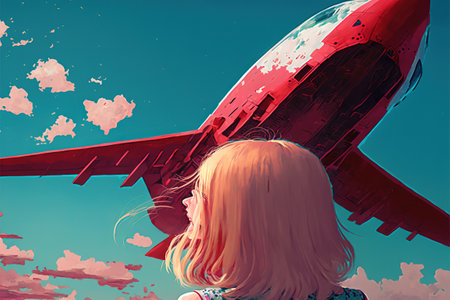 travel girl looking at a surreal broken plane in the sky, digital art style, illustration painting, fantasy concept of a traveler girlの素材