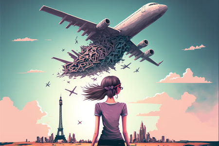 travel girl looking at a surreal broken plane in the sky, digital art style, illustration painting, fantasy concept of a traveler girlの素材