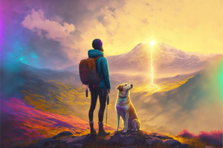 traveler and dog standing and looking at the colorful light in the valley, digital art style, illustration painting, fantasy concept of a traveler with his animal dog pet friendの素材