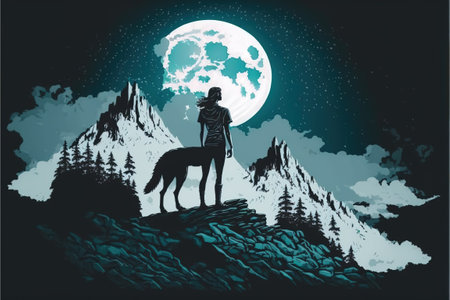 woman on the wolf standing on top of a mountain against the night sky, digital art style, illustration painting, fantasy concept of a woman with the wolfの素材