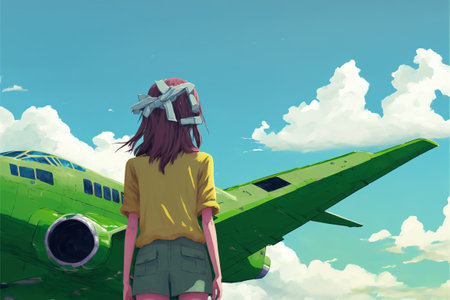 travel girl looking at a surreal broken plane in the sky, digital art style, illustration painting, fantasy concept of a traveler girlの素材