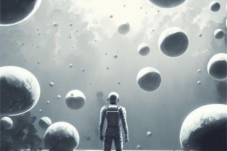 spaceman looking at the huge spheres floating in the air, digital art style, illustration painting, fantasy concept of a spaceman looking at the skyの素材