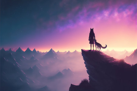 woman on the wolf standing on top of a mountain against the night sky, digital art style, illustration painting, fantasy concept of a woman with the wolfの素材