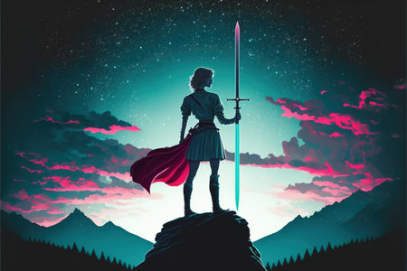 woman with sword standing on hill looking at the sacred stones against the background of the night sky, digital art style, illustration painting, fantasy concept of a woman on the hillの素材