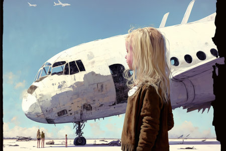 travel girl looking at a surreal broken plane in the sky, digital art style, illustration painting, fantasy concept of a traveler girlの素材