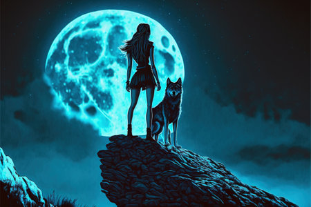 woman on the wolf standing on top of a mountain against the night sky, digital art style, illustration painting, fantasy concept of a woman with the wolfの素材