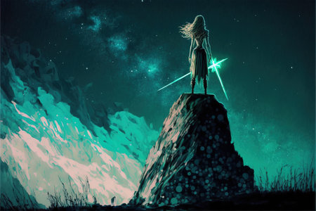 woman with sword standing on hill looking at the sacred stones against the background of the night sky, digital art style, illustration painting, fantasy concept of a woman on the hillの素材