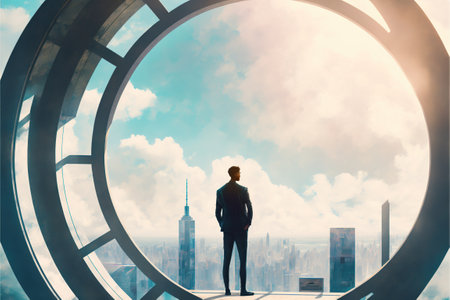 A man standing looking at the huge circular building, digital art style, illustration painting, fantasy concept of a man near the huge buildingの素材