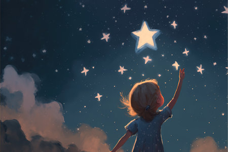A young girl standing during the day reaching out to grab a star in the night dimension, digital art style, illustration painting, fantasy concept of a girl in the nightの素材