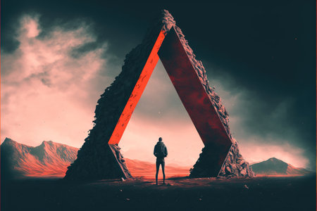 The man standing and looking at the giant mysterious triangular gate, digital art style, illustration painting, fantasy concept of a man near the magic portalの素材