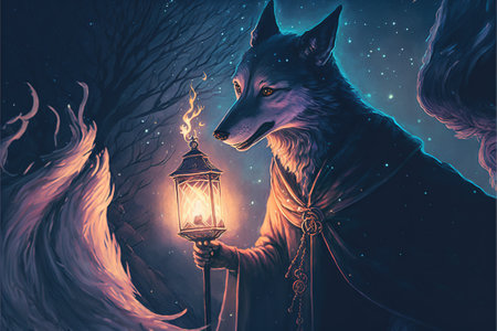 sorcerer holding a glowing lantern standing with magic wolf, digital art style, illustration painting, fantasy concept of a magic sorcererの素材