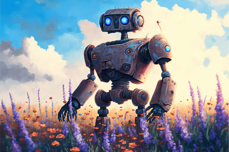An ancient robot standing in the field of flowers, digital art style, illustration painting, fantasy concept of a giant robotの素材