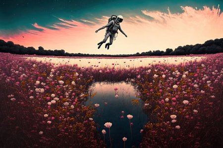 Surreal scene of a diver floating in the air over a field of flowers at dusk, digital art style, illustration painting, fantasy concept of a diver underwaterの素材
