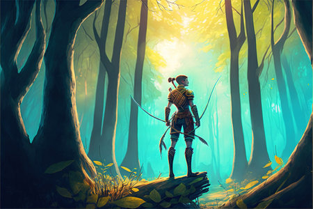 Archer standing on a tree in the fantasy forest, digital art style, illustration painting, fantasy concept of an archer in the forestの素材