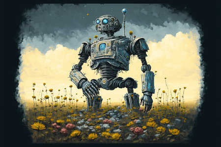 An ancient robot standing in the field of flowers, digital art style, illustration painting, fantasy concept of a giant robotの素材