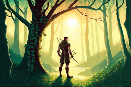 Archer standing on a tree in the fantasy forest, digital art style, illustration painting, fantasy concept of an archer in the forestの素材