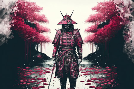 samurai standing in waterfall garden with swords on the ground, digital art style, illustration painting, fantasy concept of a samurai near the waterfallの素材
