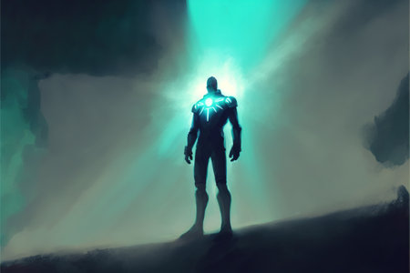 futuristic man standing and looking at the sky with a strange beam of light, digital art style, illustration painting, fantasy concept of a futuristic man looking at the skyの素材