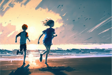 boy and girl running on the beach to see the sunrise on the horizon, digital art style, illustration painting, fantasy concept of a boy and girl running on the beachの素材